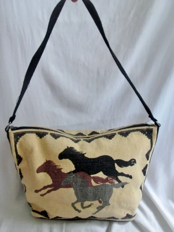 Ethnic Vegan STALLION HORSE Shoulder bag Crossbody White Western Cowboy BROWN Blanket