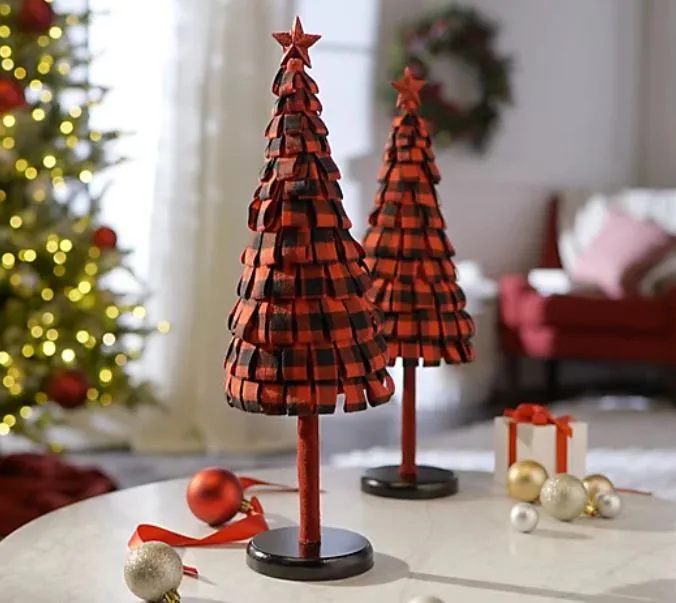 Home Reflections Set of 2 Plaid Fabric Tree,s Black Plaid