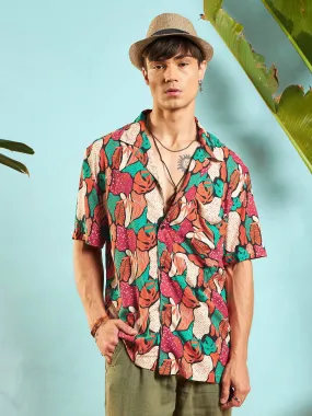 Men Orange Multi Colour Tropical Print Relax Fit Shirt