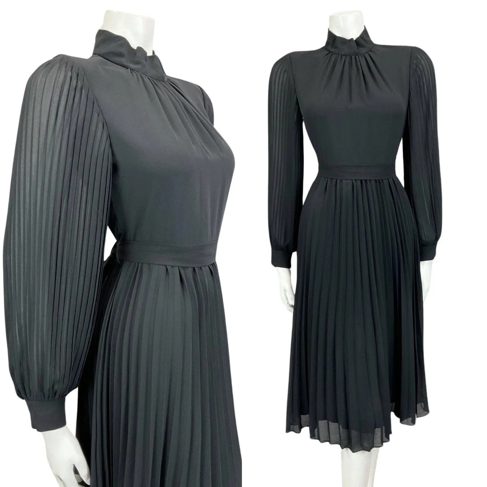 VINTAGE 60s 70s BLACK DISCO PLEATED MINI PARTY CHRISTMAS EVENING DRESS 8